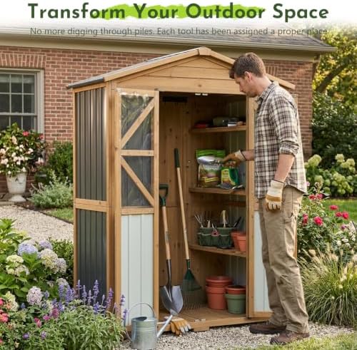 outdoor wooden storage shed cabinet with 6 adjustable shown in use