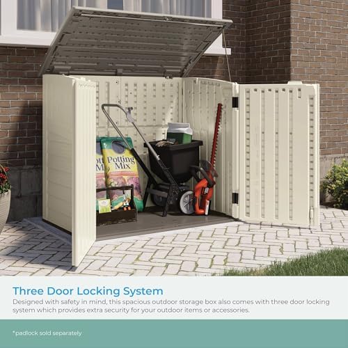 suncast 34 cu ft capacity horizontal outdoor storage showing dimensions