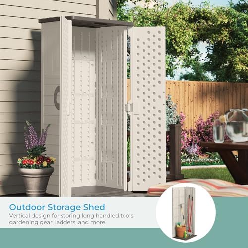 suncast vertical outdoor storage shed with all-weather construction, close-up detail