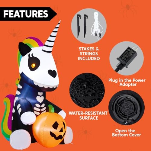 Joiedomi 5 FT Halloween Inflatable Sitting Skeleton Unicorn with LED Lights, ...