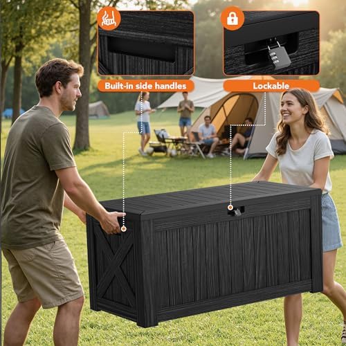 130 gallon deck box outdoor indoor waterproof storage showing dimensions