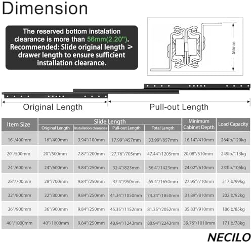 necilo 40 inch undermount heavy duty slides, 260 shown in use