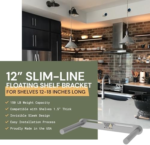 slimline 12” floating shelf bracket, 150 lb weight shown in use