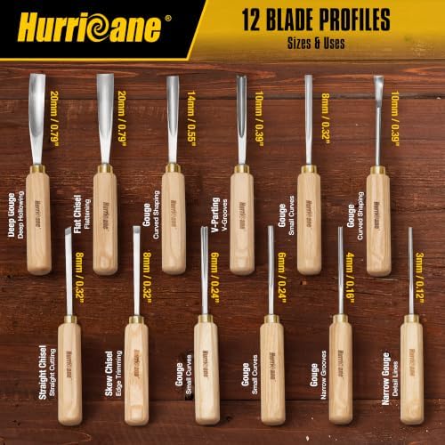 hurricane 12-piece starter wood carving tools set, professional showing dimensions