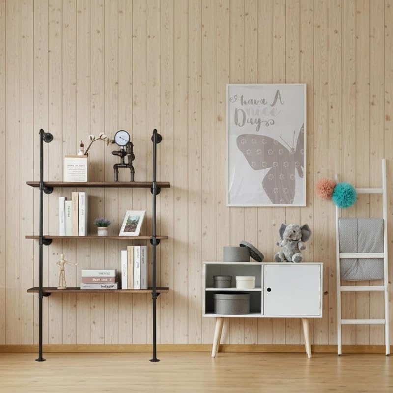 industrial pipe shelving system with 4 tiers, black, package contents