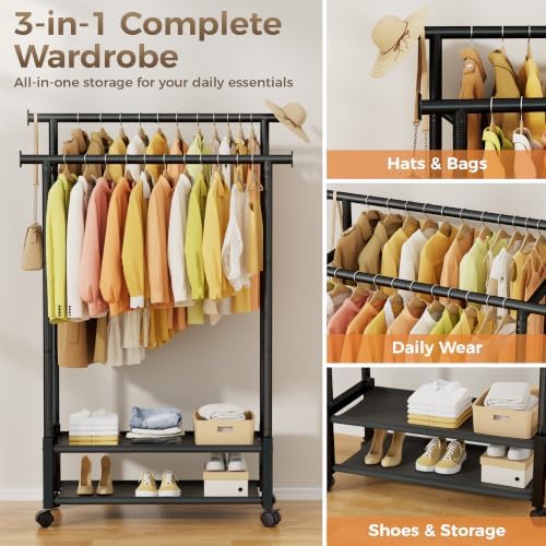 double rod clothing rack with 2 shelves, rolling showing dimensions