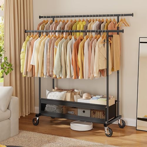 clothes rack 210 lbs double rods extra storage shown in use
