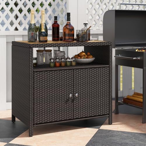 happygrill outdoor rattan storage cabinet, patio sideboard buffet, side view