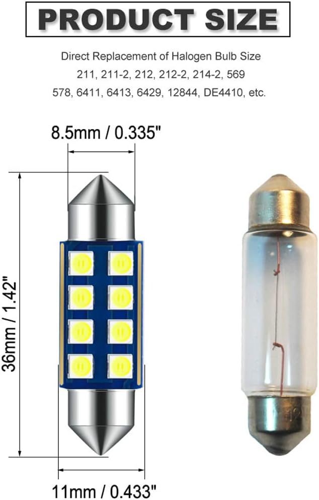 White 36mm Festoon 6418 Bulb Car LED Interior Map Dome Light | DE3423 DE3425 Size 6000K Extra Bright Also for Number Tag License Plate Cargo Trunk Door Footwell Light Canbus Error Free