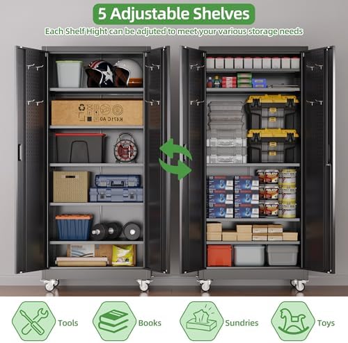 reemoon 5 adjustable 170 lb shelves, lockable doors showing dimensions