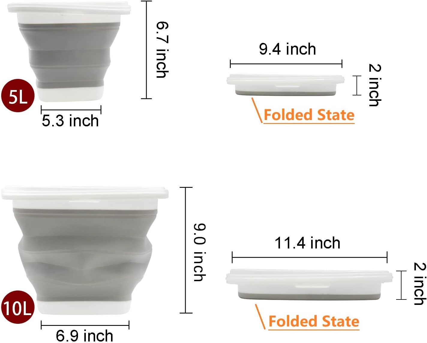 TOSSOW Premium Collapsible Plastic Bucket 5L (1.32 Gallon) Ice Buckets Soft Waterpot Mini Square Tub, Space Saving Bucket for Car Wash,Outdoor Fishing, Food Jug, Dog Bowls (Grey)