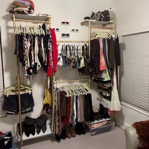 kakabb industrial pipe clothing rack with shelves, wall shown in use