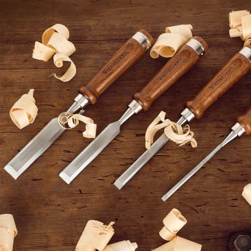 4-piece wood chisel set for woodworking, sharp cr-v showing dimensions