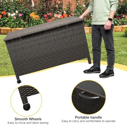 wicker deck box, 185 gallon all-weather outdoor storage showing dimensions