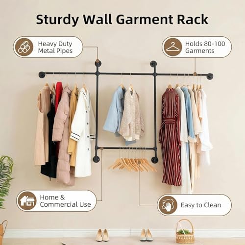 industrial pipe clothing rack, hanging garment rack, wall, side view