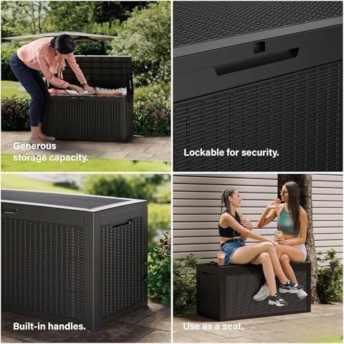 outdoor storage box waterproof, 200 gallon lockable resin, front angle view