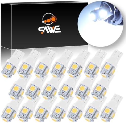 T10 168 194 2825 LED Bulb 5SMD White License Plate Dome Map Light 20pc | 6000K 192 2821 W5W 147 5050 5-SMD Interior LED Bulb for Door Step Footwell Trunk RV Canbus Error Free