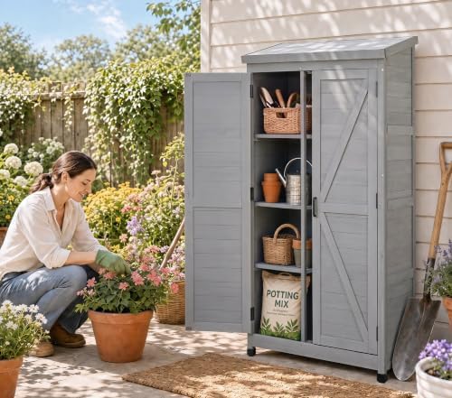 68'' outdoor storage cabinet, wooden garden tool cabinet shown in use