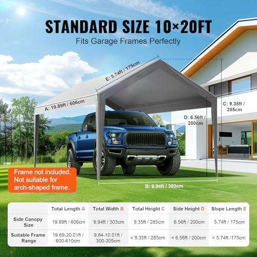 vevor carport replacement canopy cover 10 x 20 showing dimensions