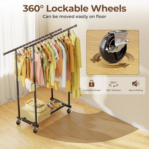 hyseyy double rods clothes rack, rolling clothing rack, side view