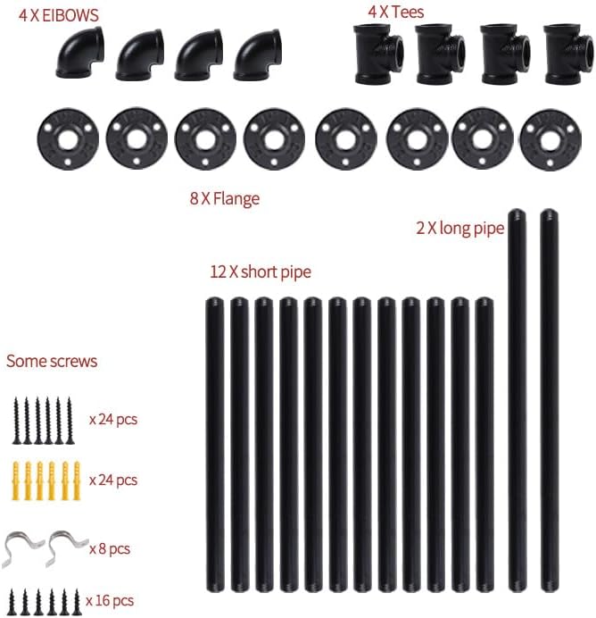 4-tier industrial pipe shelving bracket system, black iron, front angle view
