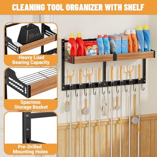 broom holder wall mount, broom and mop organizer, side view