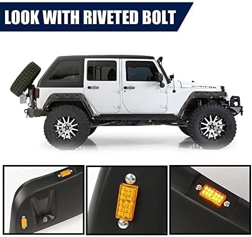 PIT66 Fender Flares Compatible With Jeep JK Wrangler 2007-2018 2/4 door Model, Unlimited, Rubicon Unlimited Smooth Matte Pocket Riveted Style Wheel Flares With LED 4pcs