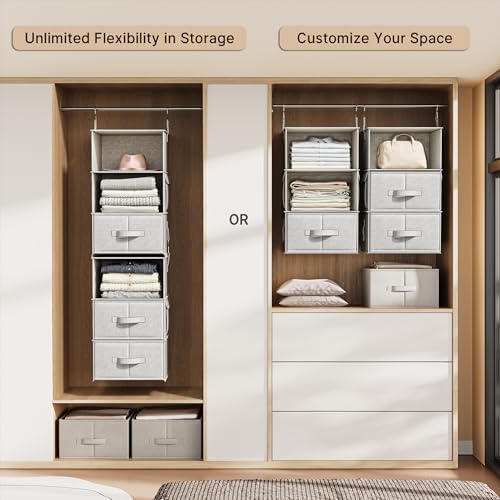 6-shelf hanging closet organizer with 3 drawers, separable showing dimensions