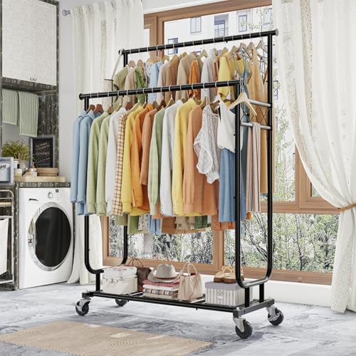 ekisemio heavy duty clothes rack, rolling clothing rack shown in use
