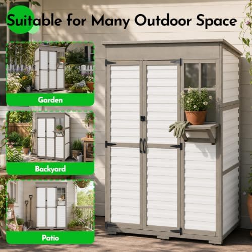 large outdoor storage cabinet with dual-zone shelves, garden, side view