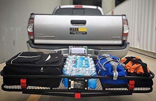 MaxxHaul 70103 500 lb. Capacity Steel Hitch Mount Folding Cargo Carrier Mesh Basket Fits 2 inch Hitch Receiver 60 x 21 x 6.5 in For Car SUV Pickup Truck Van Camping Traveling
