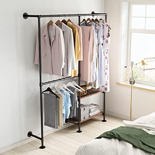 industrial pipe clothes racks with black shelves, industrial, close-up detail
