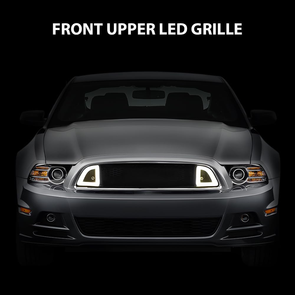 PIT66 Upper Grille with DRL LED Lights Fit 2013-2014 Ford Mustang | DRL Accent Vent Lights Not Fit Except Shelby Models, Honeycomb Mesh Design, Direct Replacement, DR3Z8200AB, FO1200590