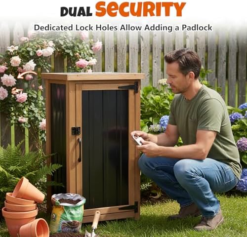 small outdoor storage cabinet, wood & metal storage, front angle view