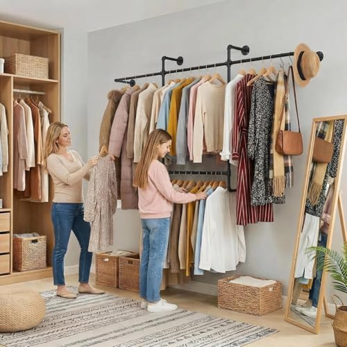 industrial pipe clothing rack, hanging garment rack, wall, close-up detail