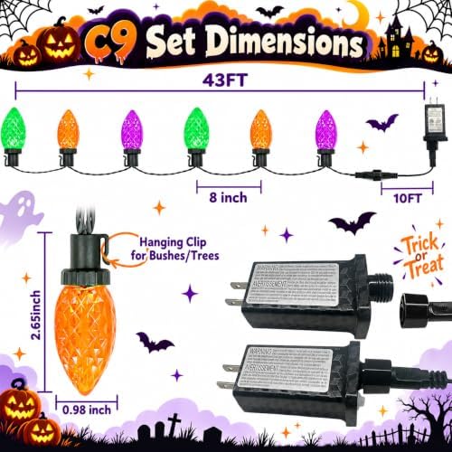 Connectable 2PK C9 Orange Purple Green Halloween Lights Plug in 86FT 100LED