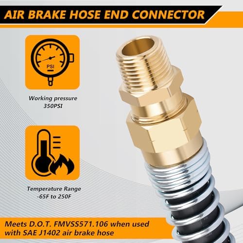 brass dot air brake hose end fitting, 1/2”hose, close-up detail