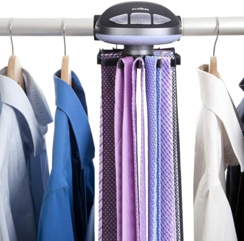 motorized tie rack closet organizer, holds & displays, front angle view