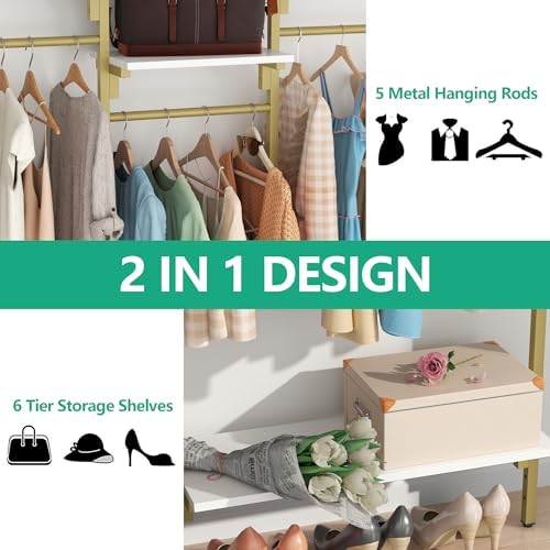 white/gold wall mount clothes rack with 5 hanging, close-up detail