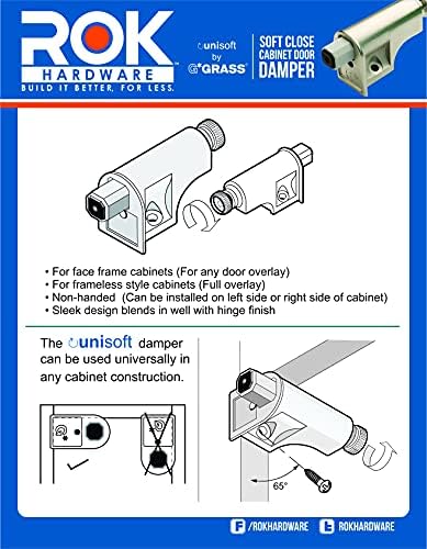 rok hardware soft close damper for cabinet doors/compact/softclose showing dimensions