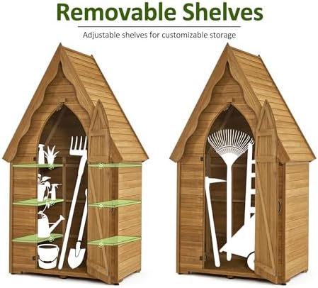 mcombo outdoor storage cabinet, wooden garden tool shed showing dimensions