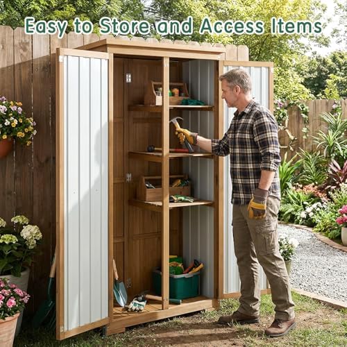 outdoor storage cabinet with shelf, wood & metal, close-up detail