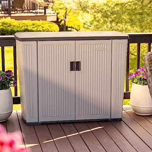 suncast xl outdoor storage cabinet, 130 gal, lockable on a desk or shelf
