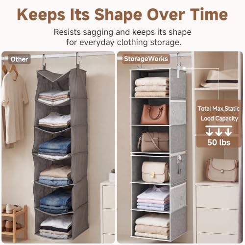 storageworks hanging closet organizer, 6-shelf with 2-in-1 design showing dimensions