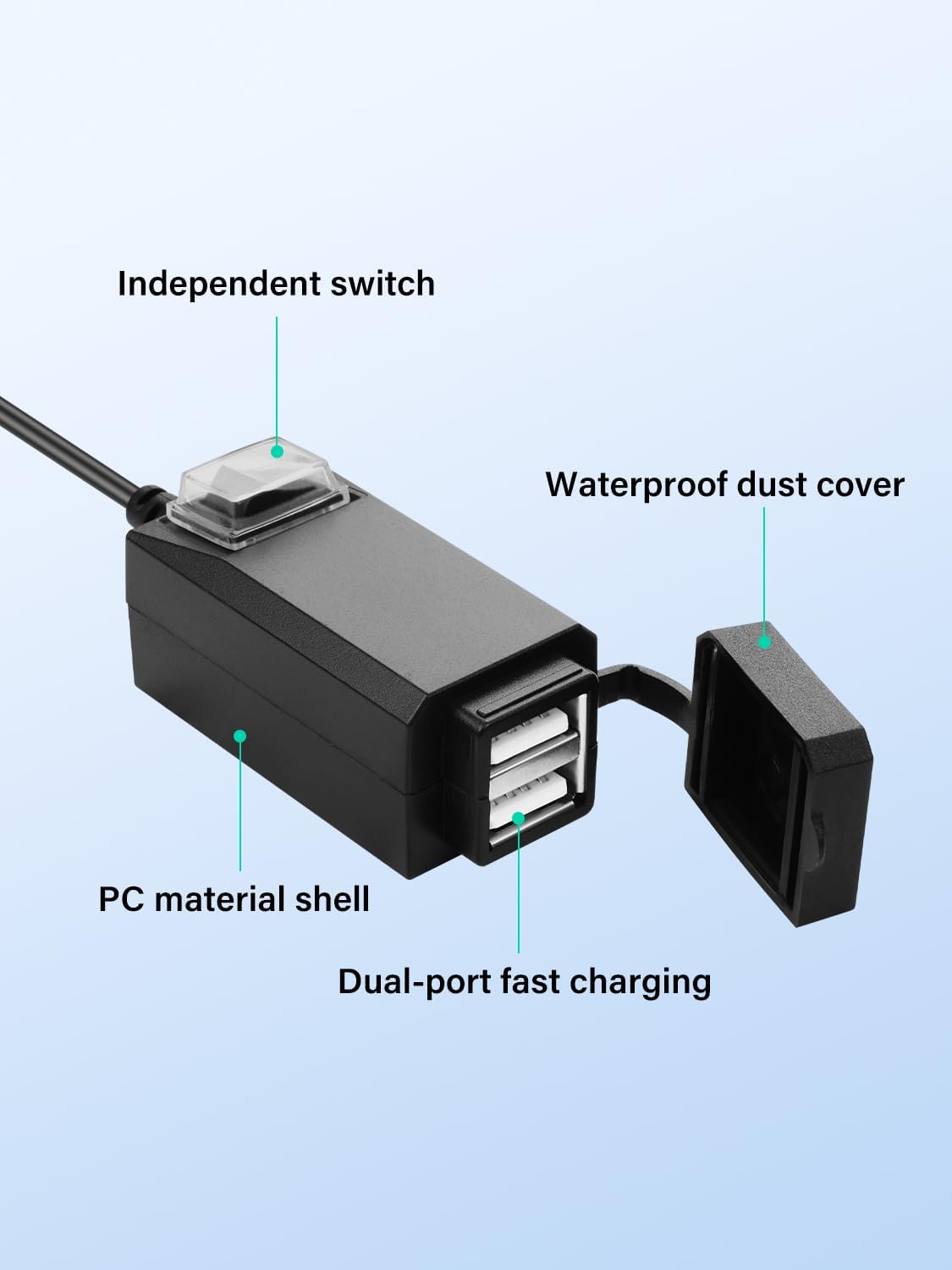 Motorcycle USB Charger, 3.1A Dual USB Motorcycle Waterproof Charger with Switch for Phone, Tablet, GPS, etc-1.2M/3.9ft