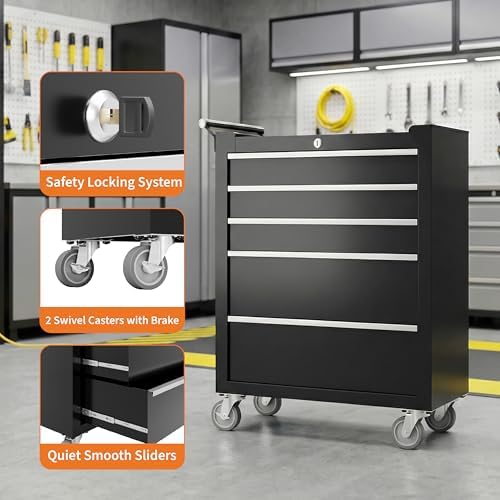 garvee rolling tool chest, 5 drawers tool storage showing dimensions