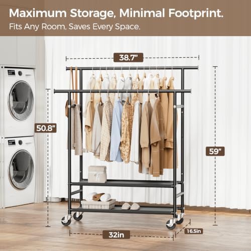 hyseyy clothes rack,double rods rolling clothing rack for, side view
