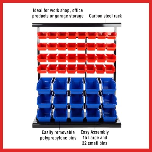 47-bin garage organization rack (15 large, 32 small), side view