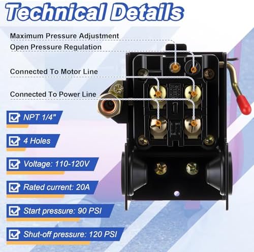 dreyoo air compressor pressure switch, 90-120 psi, 4, close-up detail