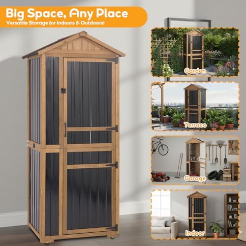 outdoor storage cabinet, wood & metal garden shed, front angle view